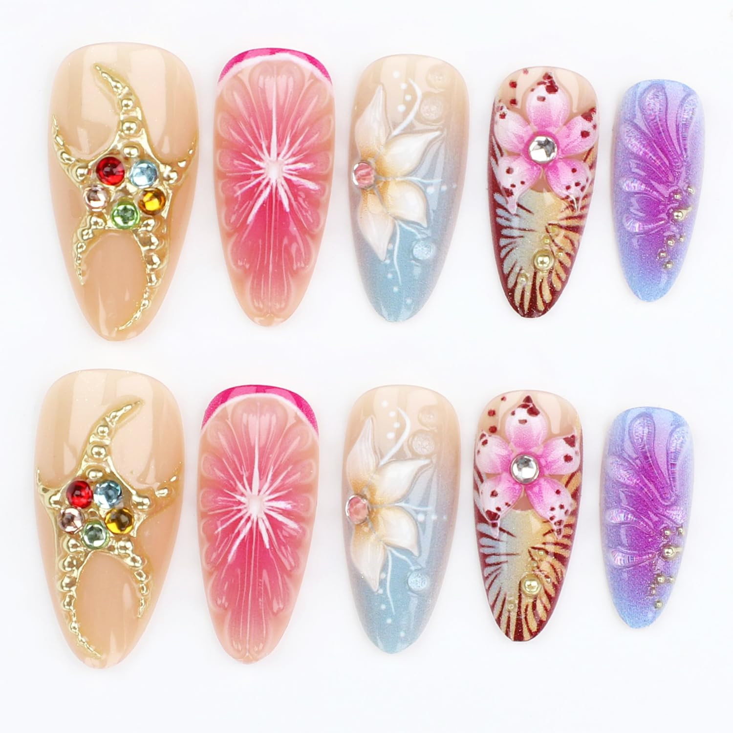 24Pcs Flower Press on Nails Medium Almond Fake Nails with 3D Floral Gold Beads C
