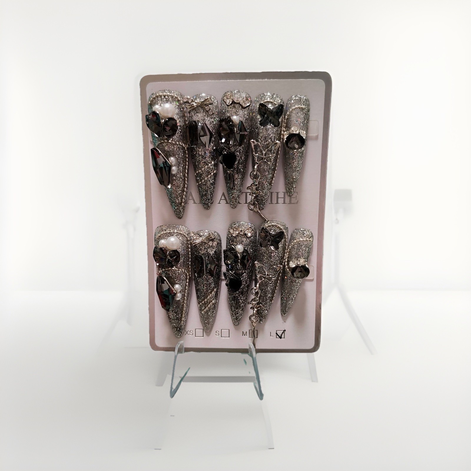 AATMIHE Silver Black 3D Glitter Long Stiletto Press-On Nails Full Cover