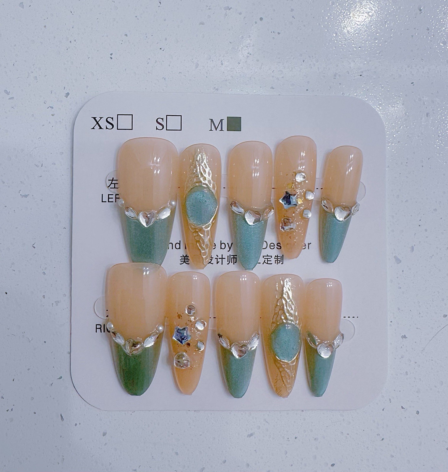 Long Press On Nail Handmade Removable Catseye Diamond Glitter Ombre Shiny Size M