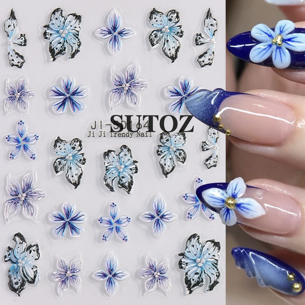 3D Gradient Flower Embossed Lily Hibiscus Floral Nail Art Stickers Decor NH29