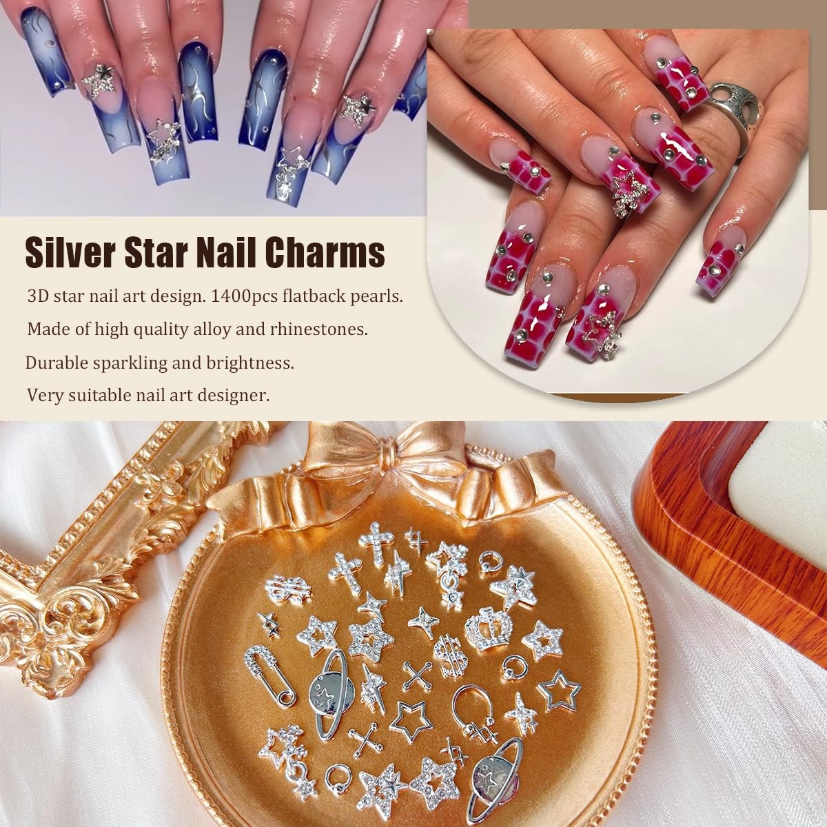 92pcs Star Nail Charms, 1 Box Silver Nail Pearls for Crafting Flat Back, Y2K …