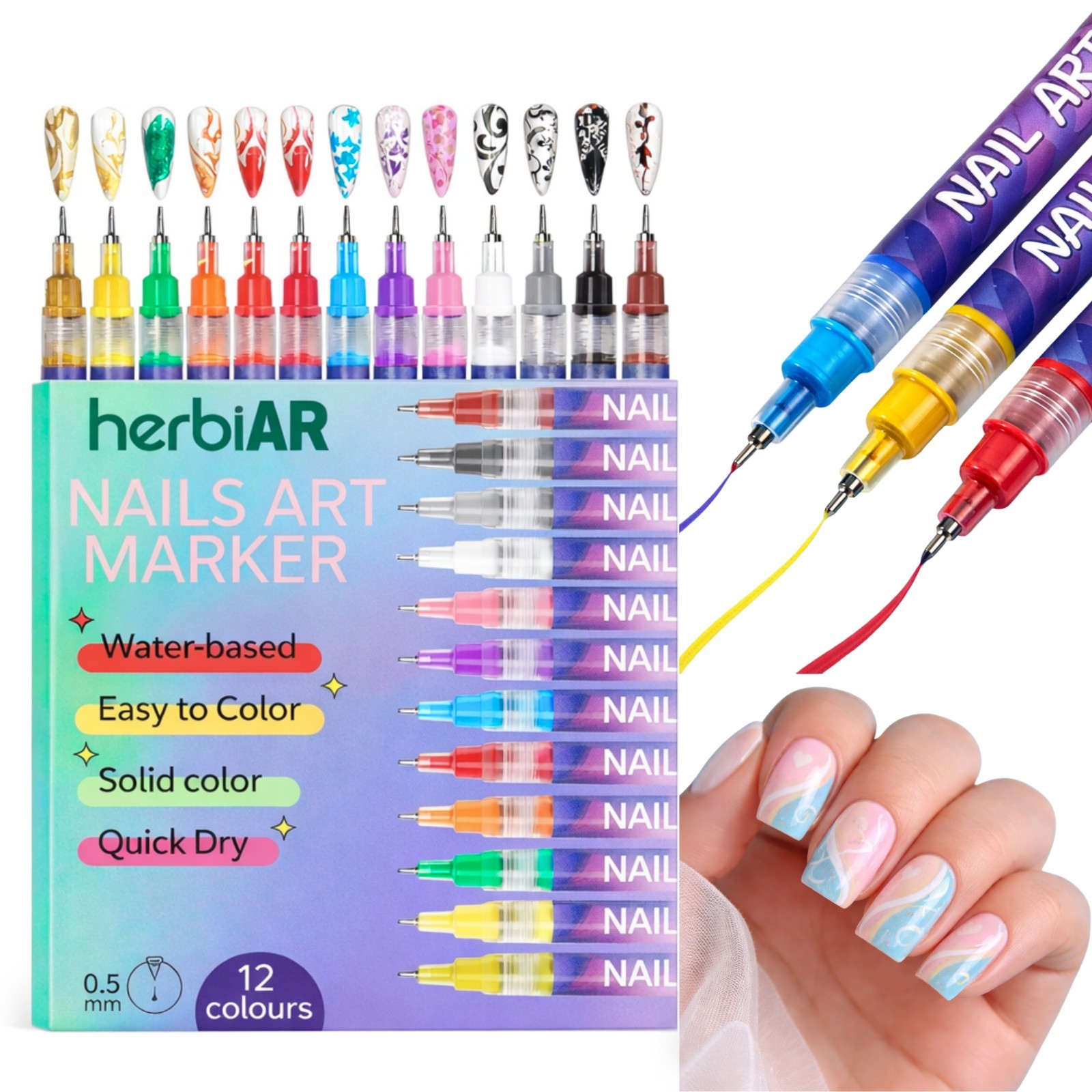 Herbiar 3D Nail Art Pen Set 12 Colors – 0.5mm Fine Tip, Waterproof DIY Manicure