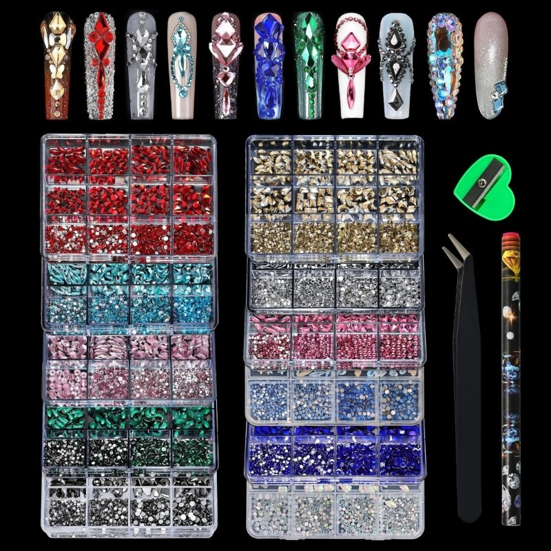 Irregular Shaped Flat Back Nail Rhinestones 12Grid Resin Gems For Salon DIY