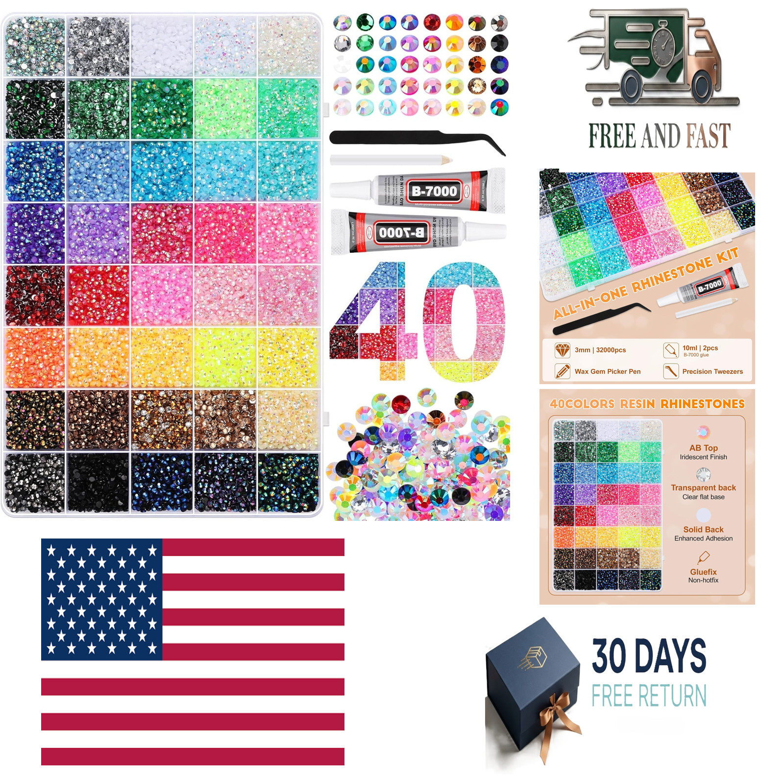 32000Pcs Bedazzler Kit with Rhinestones, Bedazzling Kit 40 Colors 3mm with 2Pcs