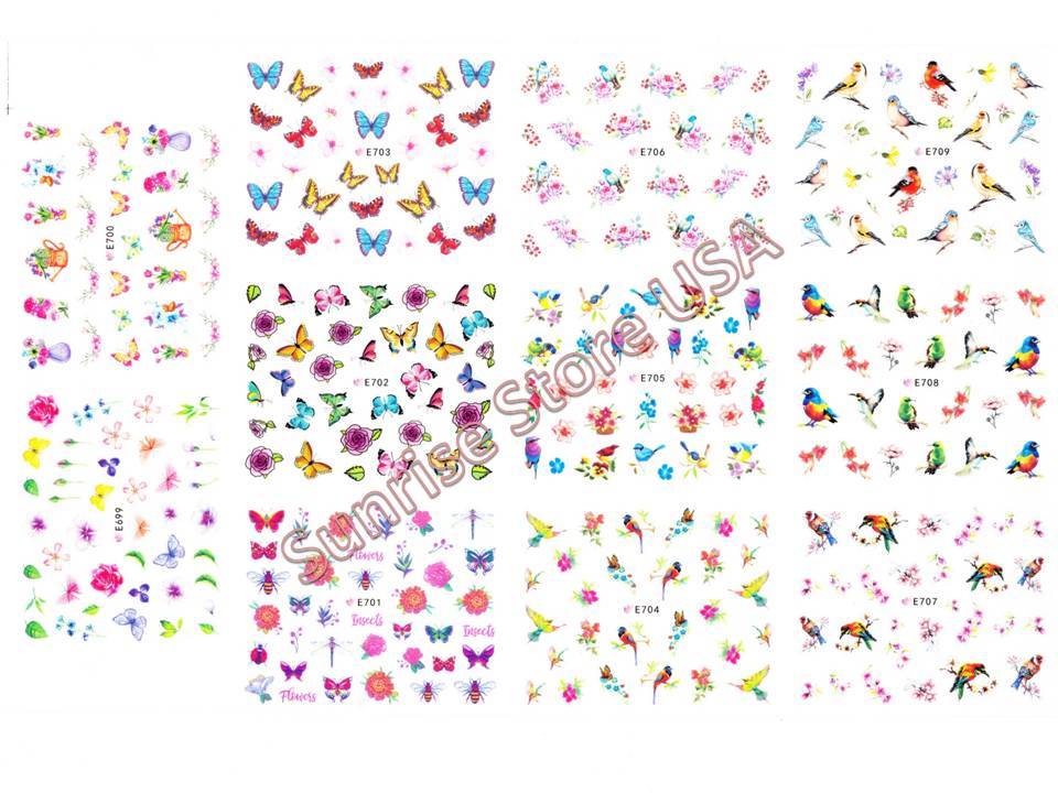 11 Designs 3D Nail Art Sticker Butterfly Birds Flower Vase Rose Insects Decals