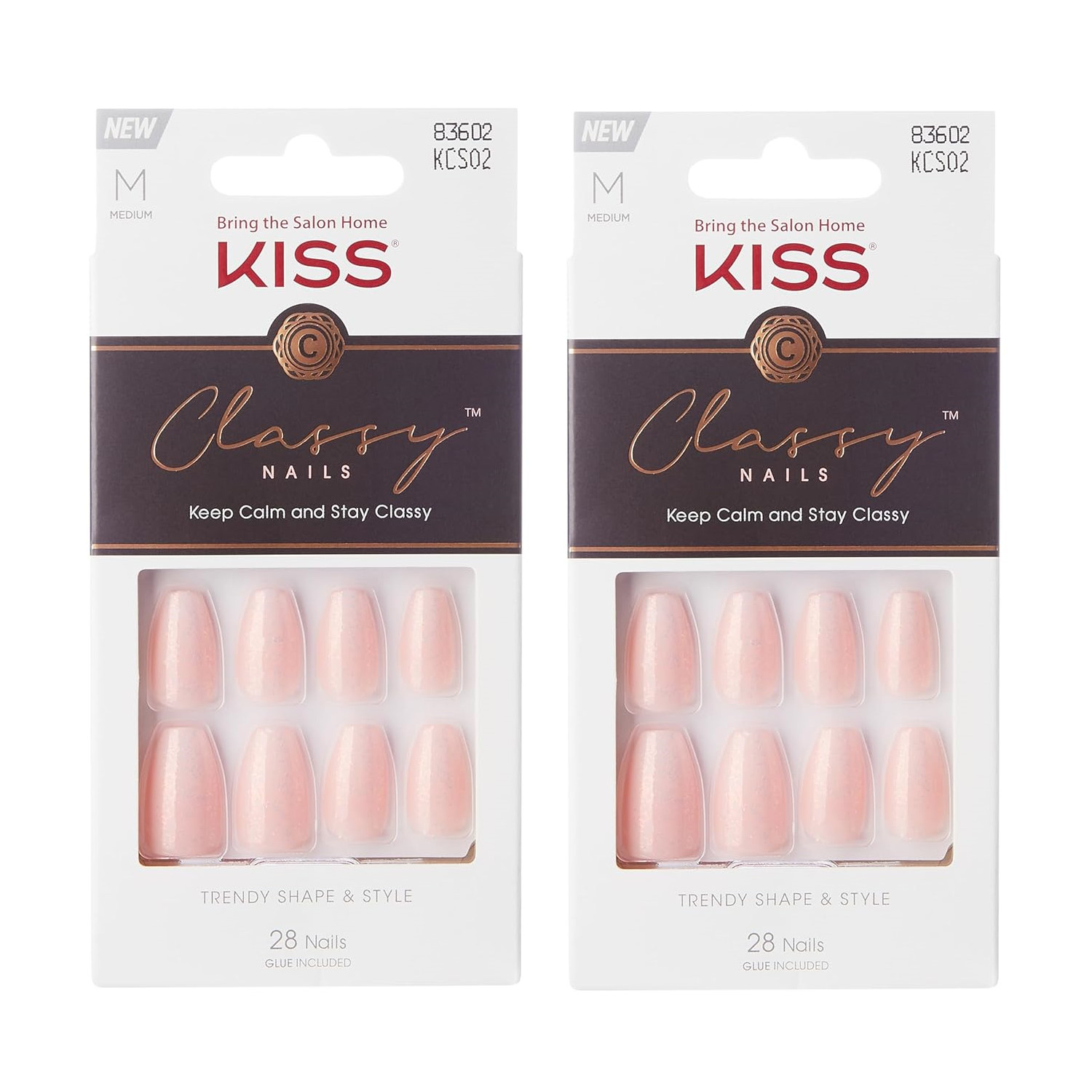 Kiss Classy Glue On Nails Manicure Pink Glitter Sparkle Medium Coffin TWO PACK