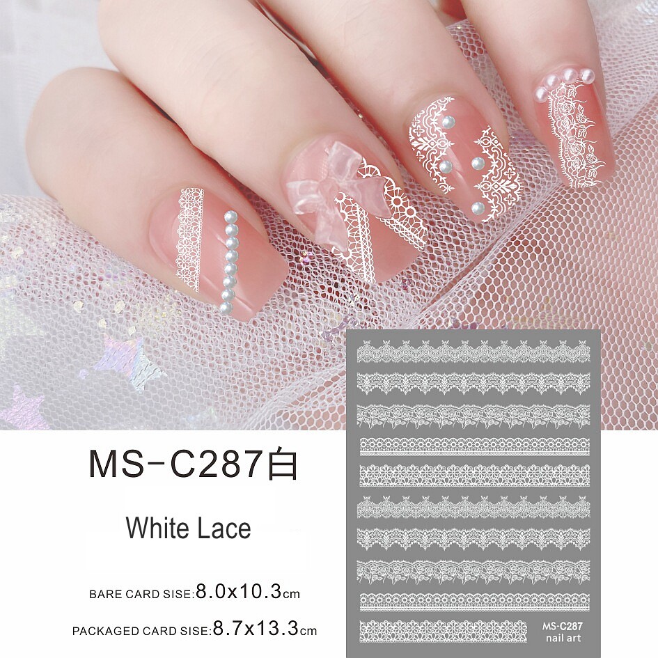 White Lace Nail Stickers Damask Seamless Pattern Self-Adhesive Nail Art Decals