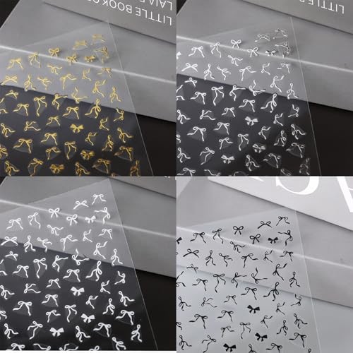8 Sheets Colorful Bow Nail Art Stickers 3D Self-Adhesive Black White Gold bow