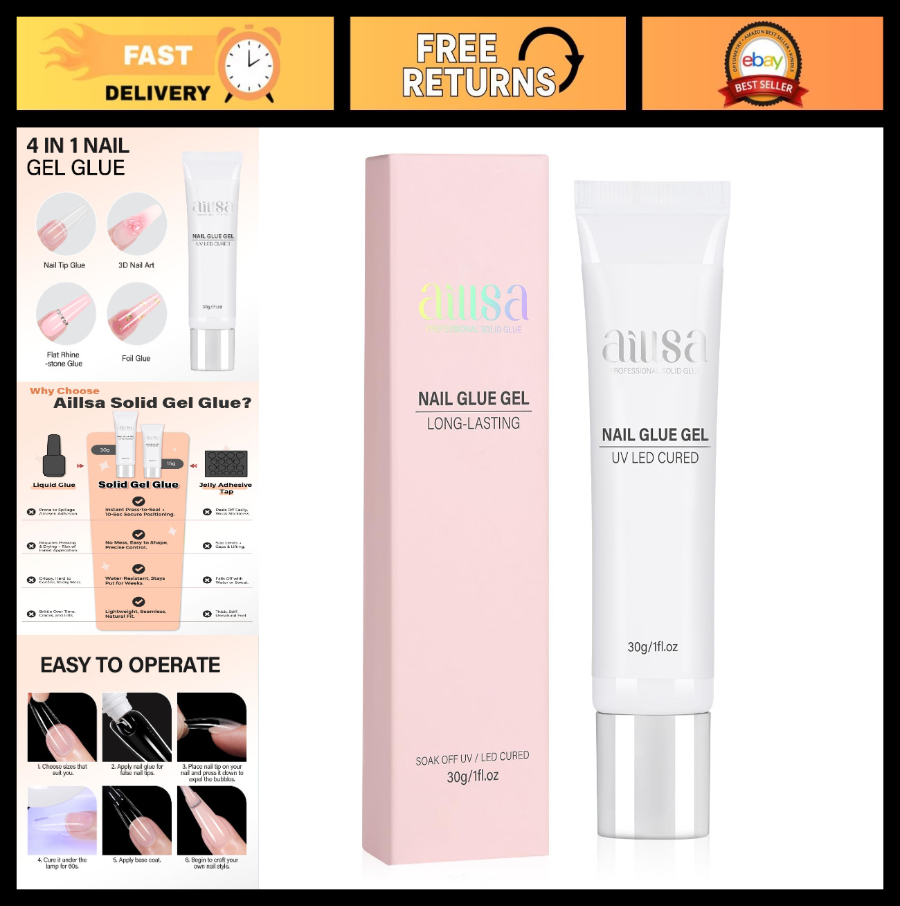 Strong Nail Gel Adhesive for Tips – Professional Acrylic & Soft Nails, UV/LED Cu