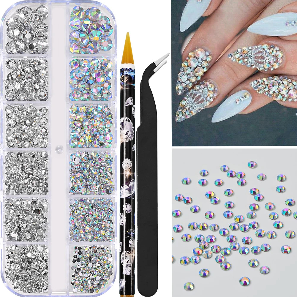 12grids Half Round Pearls Beads 3D Nail Charms 1.5/2/2.5/3/4/5mm White Flatback