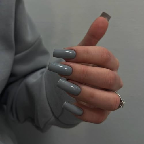 Dark Grey Press on Nails Long Medium Square, Glossy Solid glossy dark grey