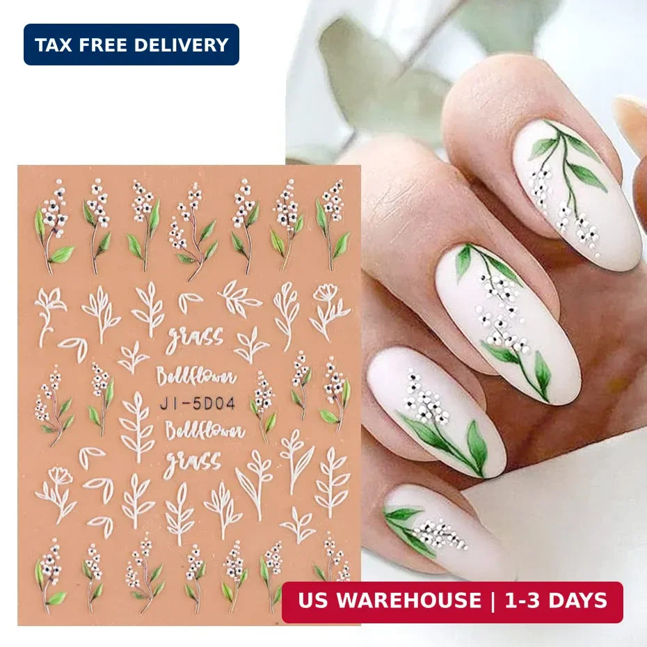 3D Embossed Flower Leaves Nail Art Stickers Decals 4 Sheets 5D Self-Adhesive Peg