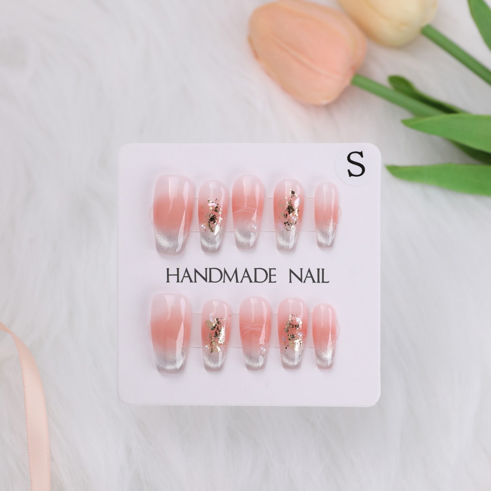 Blush Gradient Cat Eye Coffin Nails Gold Foil Glitter Press On False Nails Brida