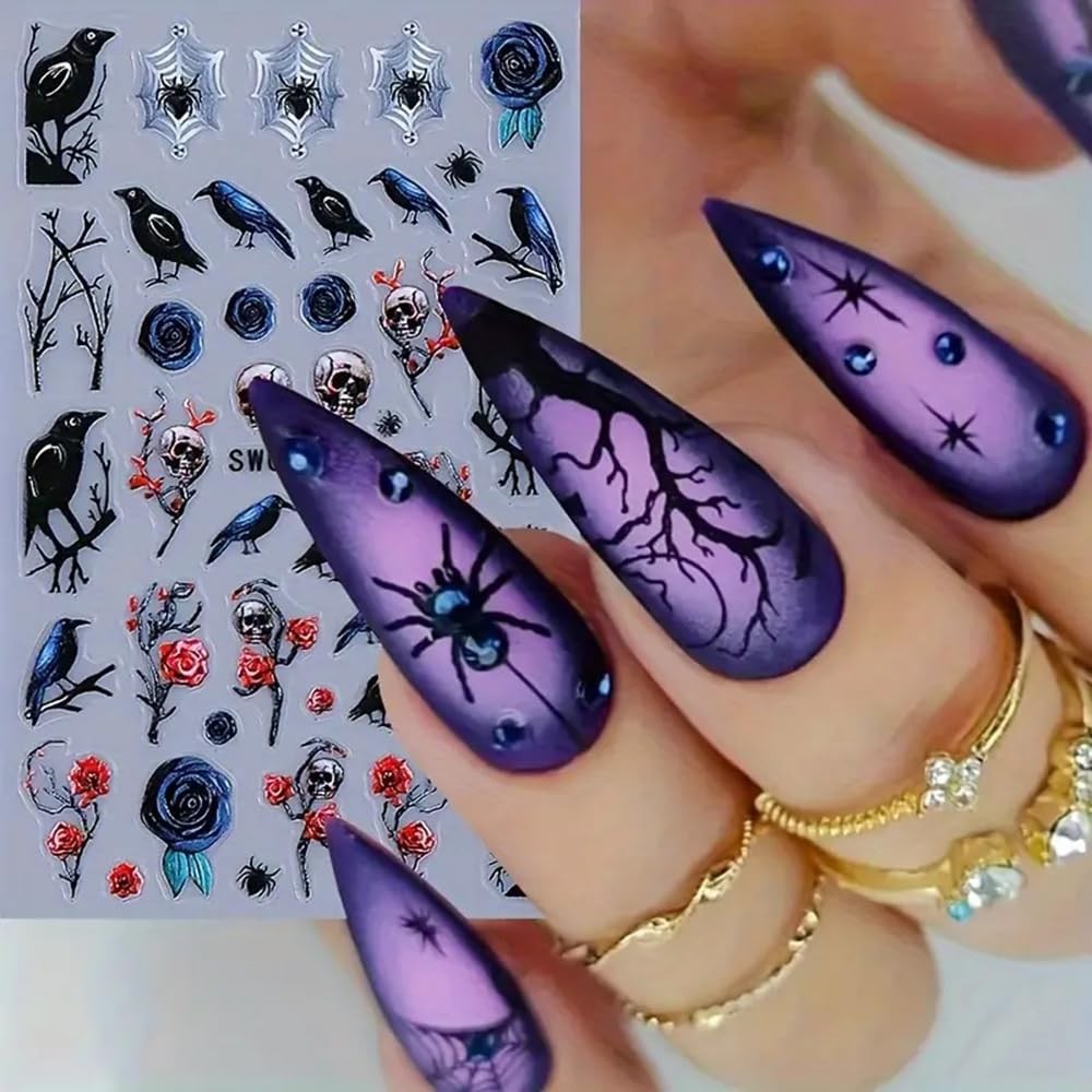 2Pcs Halloween 5D Nail Art Stickers – Black Red Roses Crow Skulls and Black C…