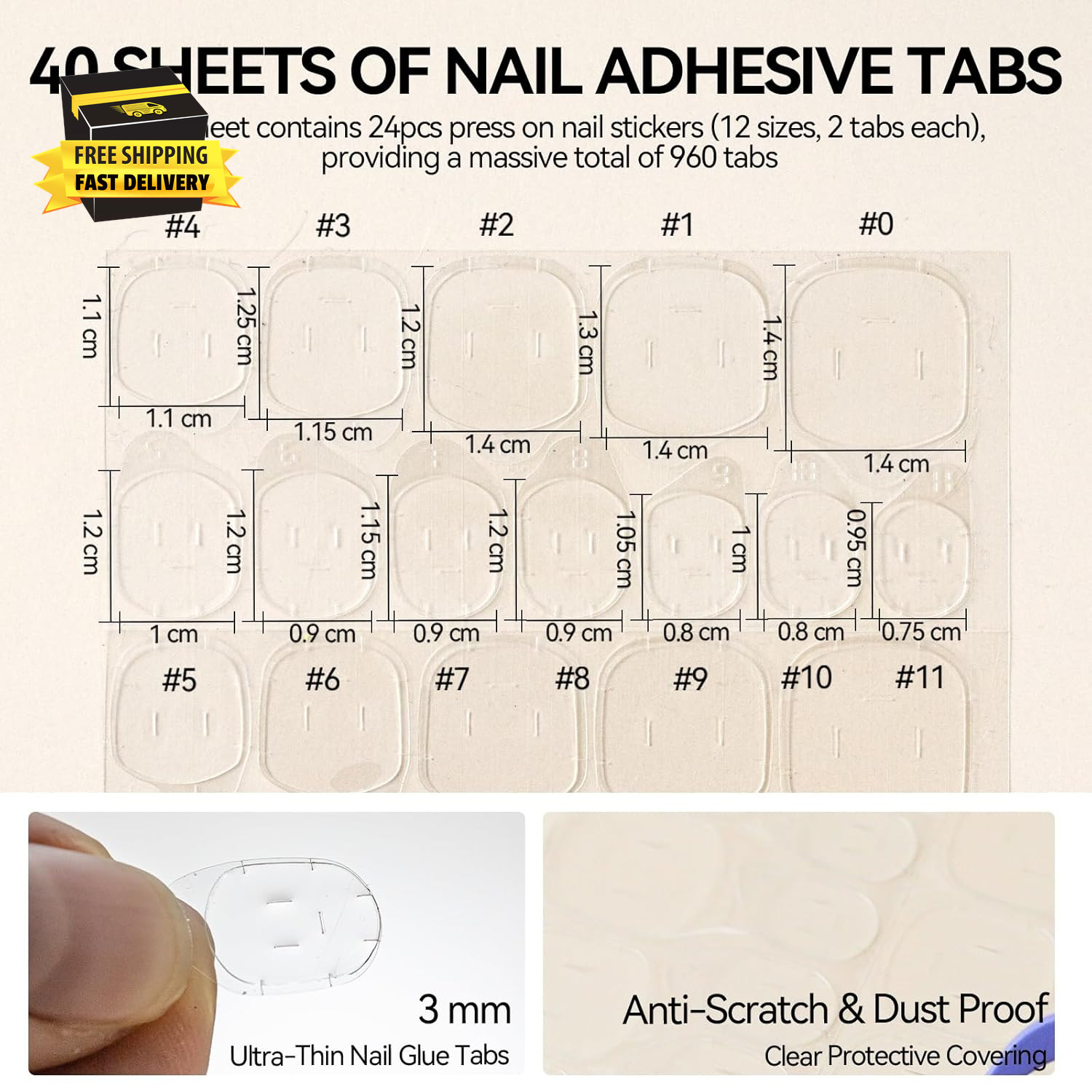 960 PCS Nail Adhesive Tabs for Press on 40 Sheets,12 Size Sticky Tabs for Fake N