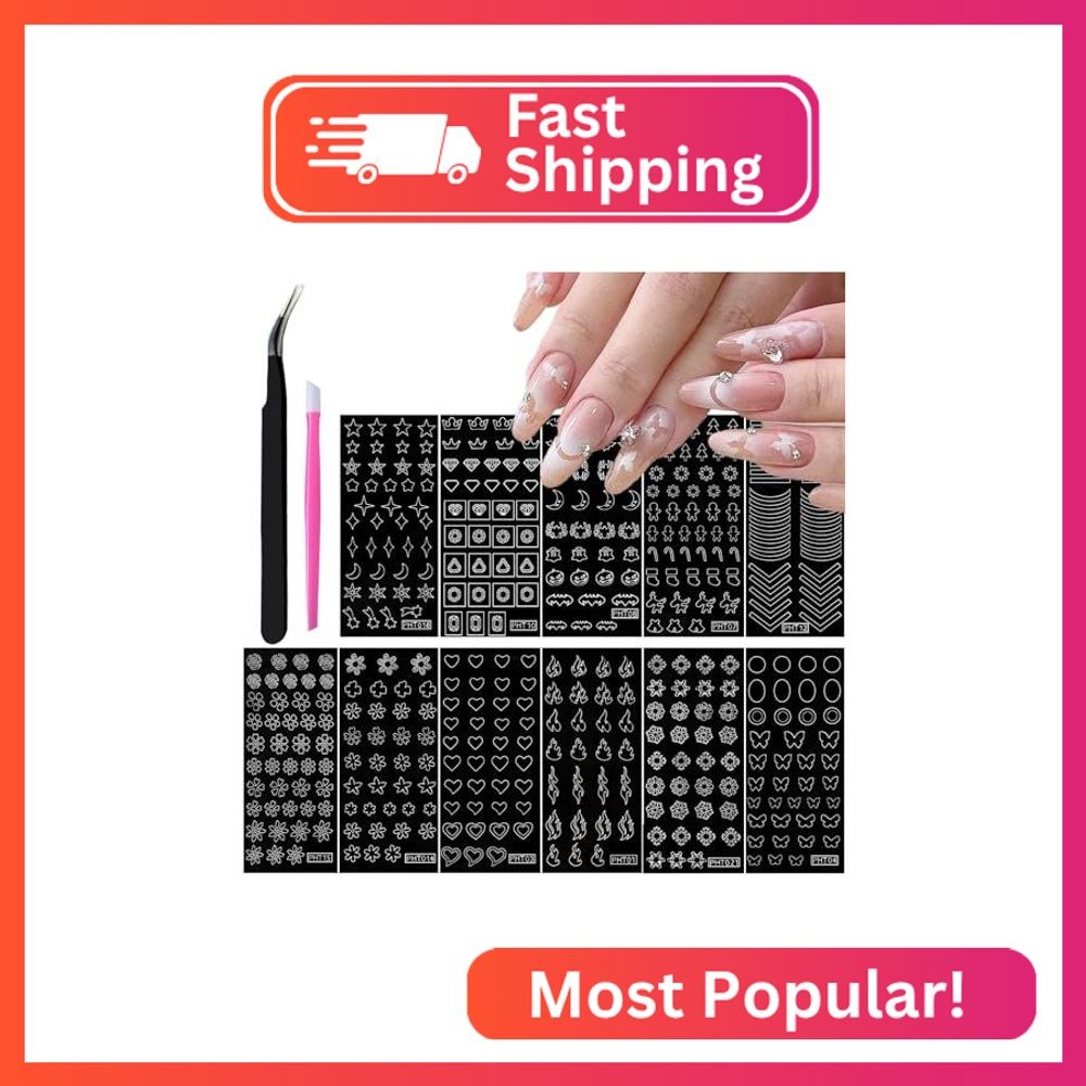 12 Sheets Airbrush Nail Stencils Stickers for Nail Art Flowers Butterfly Star Na