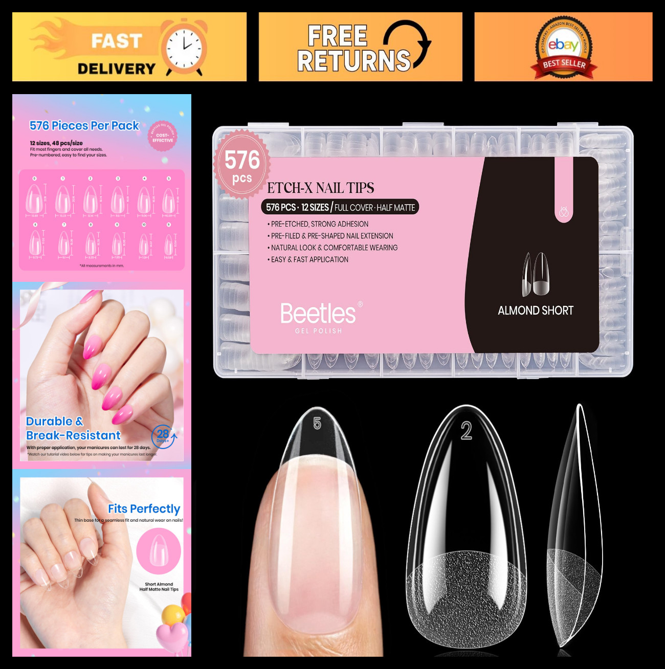 576Pcs Short Almond Gel Nail Tips – Pre-Shaped Soft Acrylic Full Cover DIY Set
