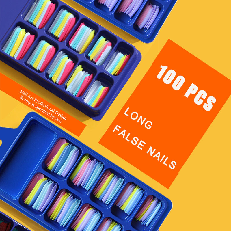 100PCS False Nails Art Tips Long Artificial Fake Stick On Full Cover Reusable