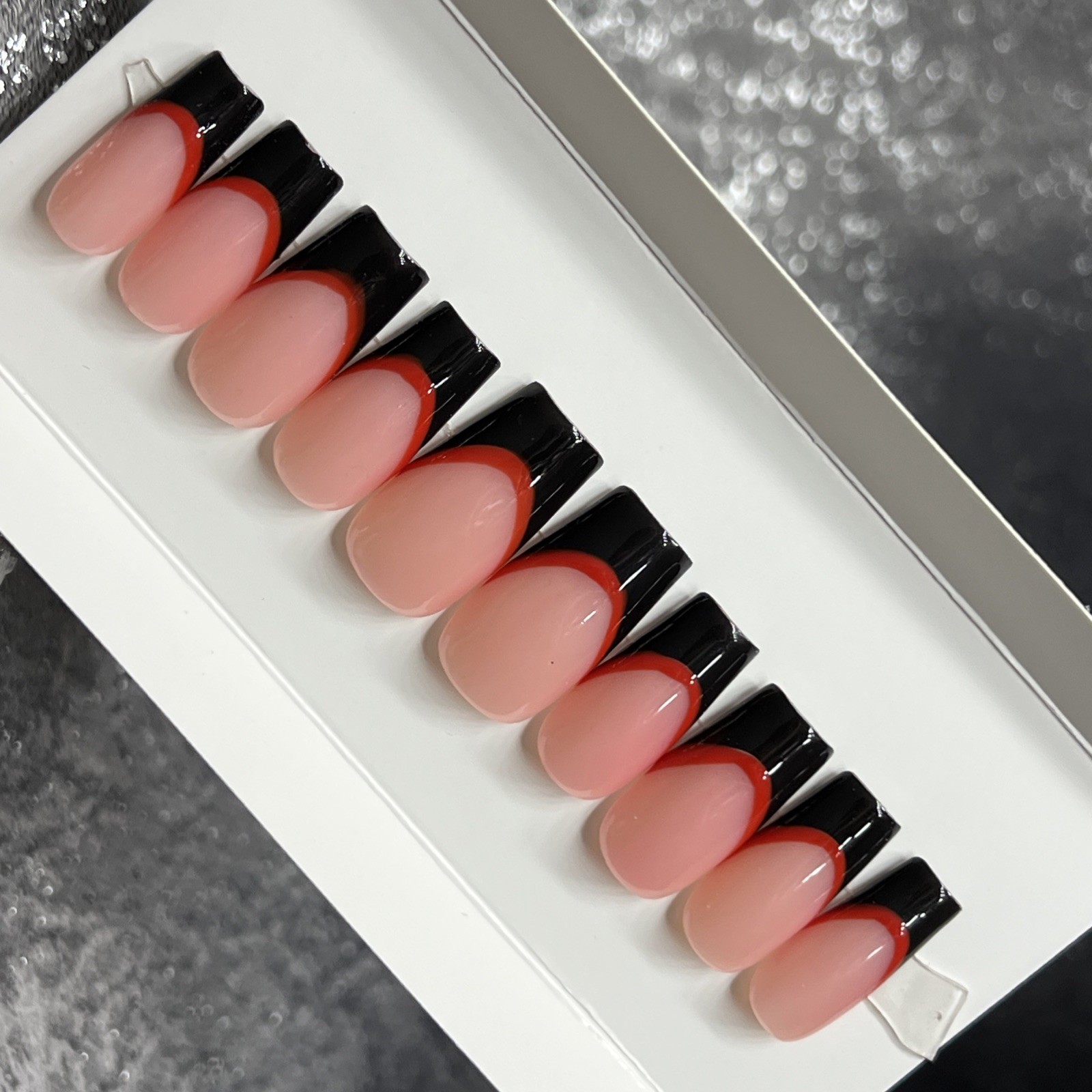 ❤️🖤 CUSTOM Press On Nails FRENCH BLACK RED BLING 10p SET W Kit
