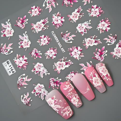 Pink Flowers Nail Art Stickers 5D Embossed Self Adhesive Nail Decals Spring