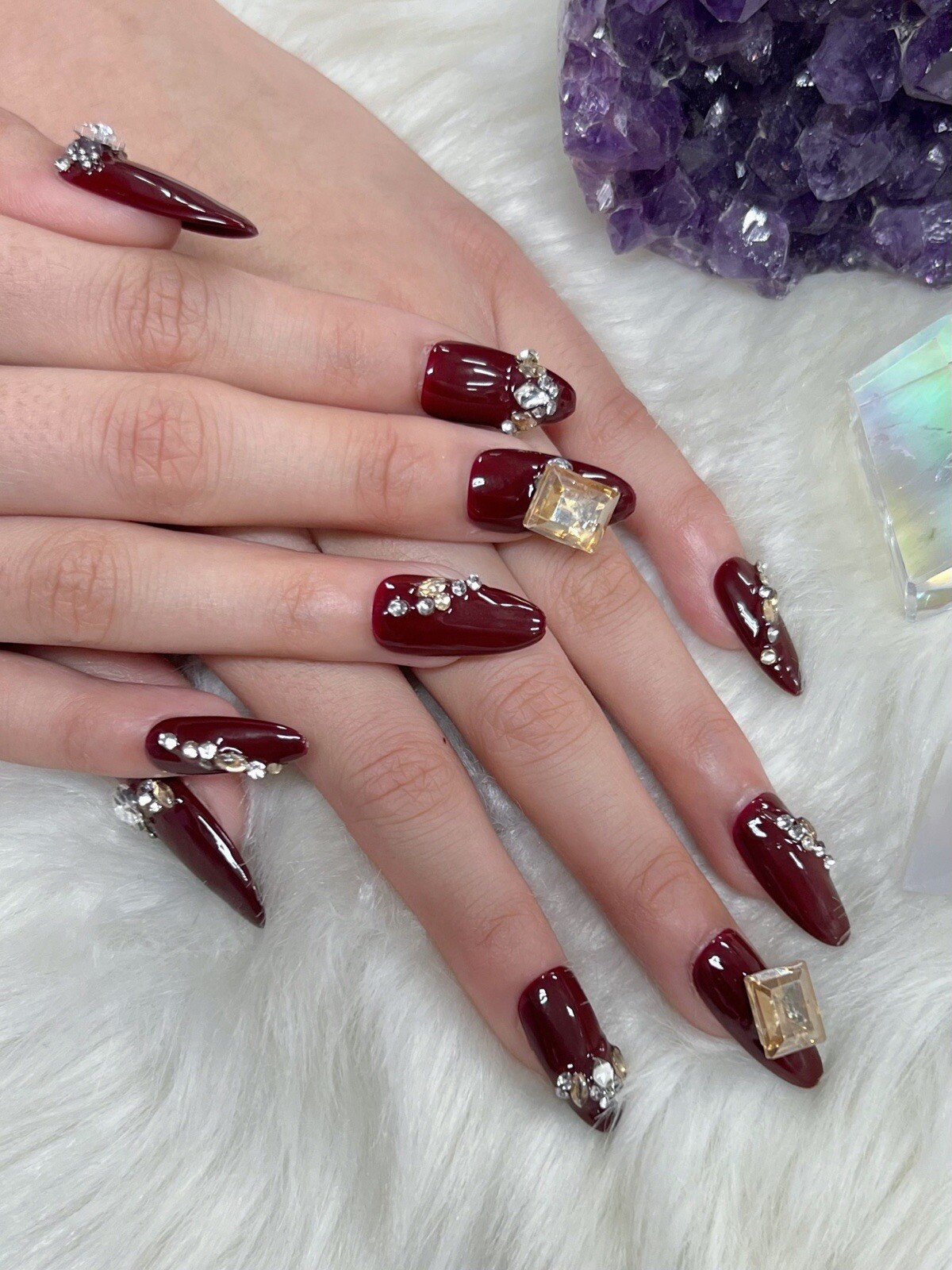 5Handmade Gel Press On Nails | Long Almond Brown Pretty Rhinestones Reusable