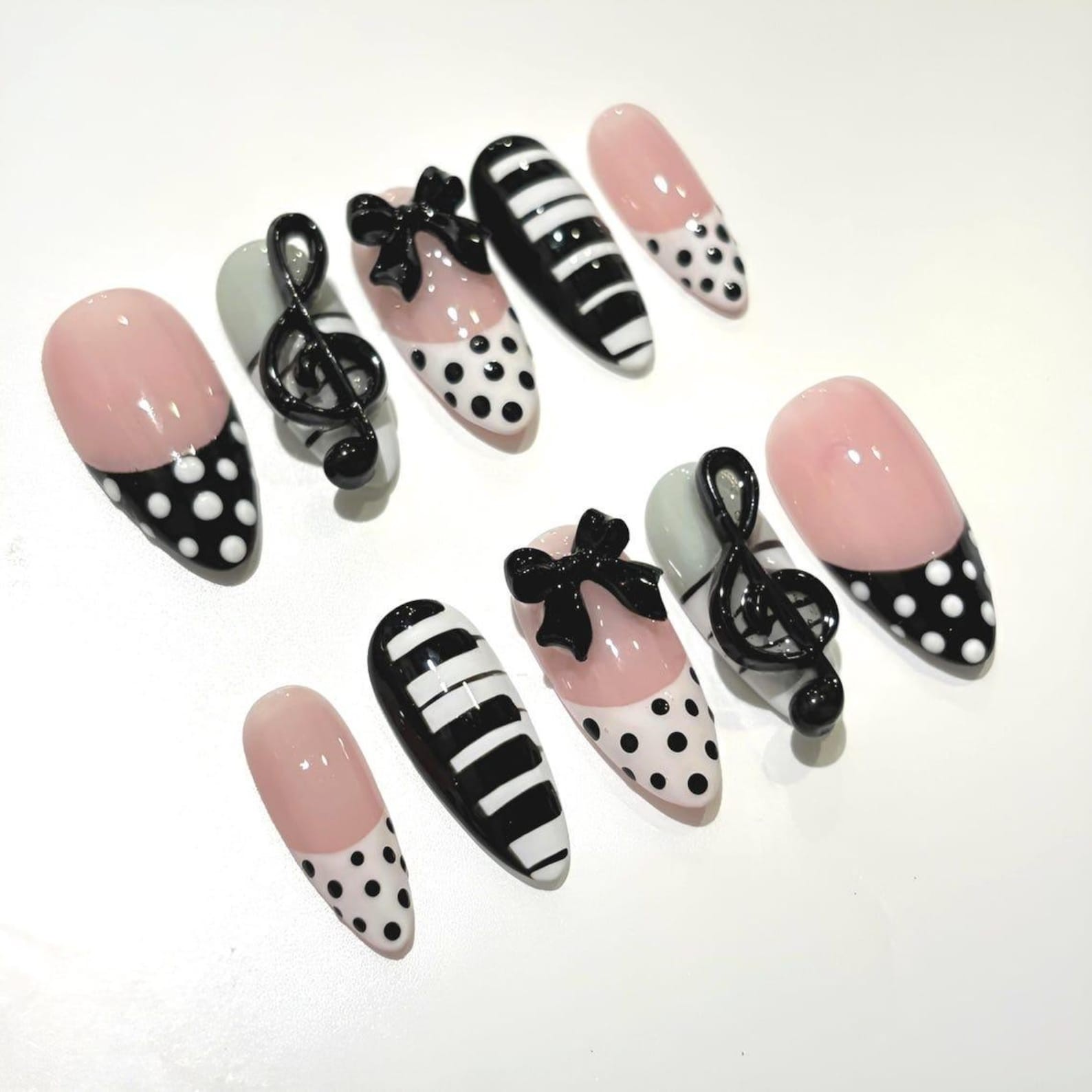 Handmade Pink French Polka Dot 3D Piano Key Music Note Bow Square Press on Nails