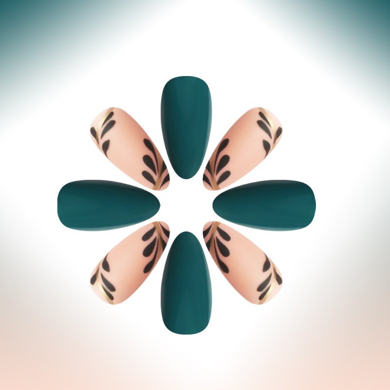 48pcs-Dark Teal Press on Nails, Medium Almond Nude Gold Leaf Accent False Nails