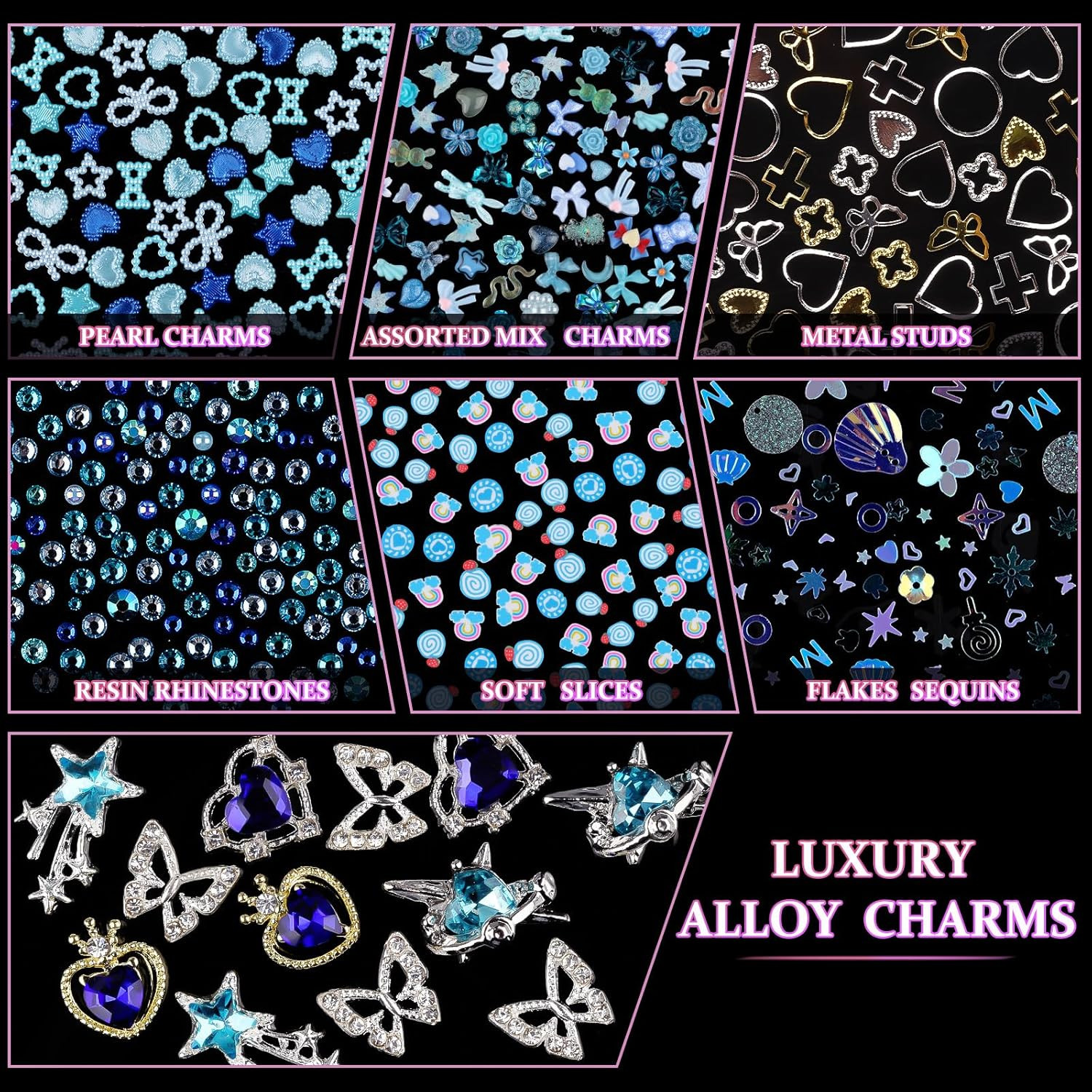 650Pcs 3D Nail Charms Set with Rhinestones, Pearls, and Metal Gems (Blue)