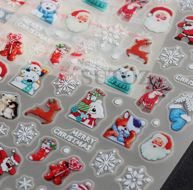 Nail Stickers Thin Waterproof Christmas Snowflakes Santa Reindeer Bear 3D NS39
