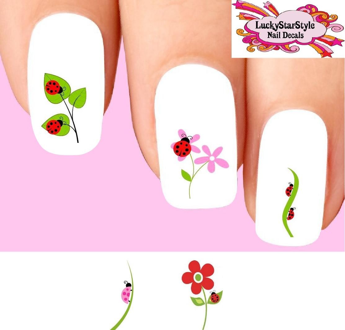 Waterslide Ladybug Nail Decals Set of 20 – Ladybugs Leaves Assorted