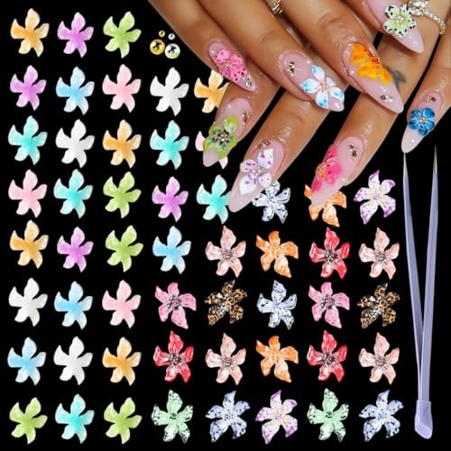 100PCS Nail Charms Acrylic Flower Nail Art Decorations 3D Lily Hibiscus Floral