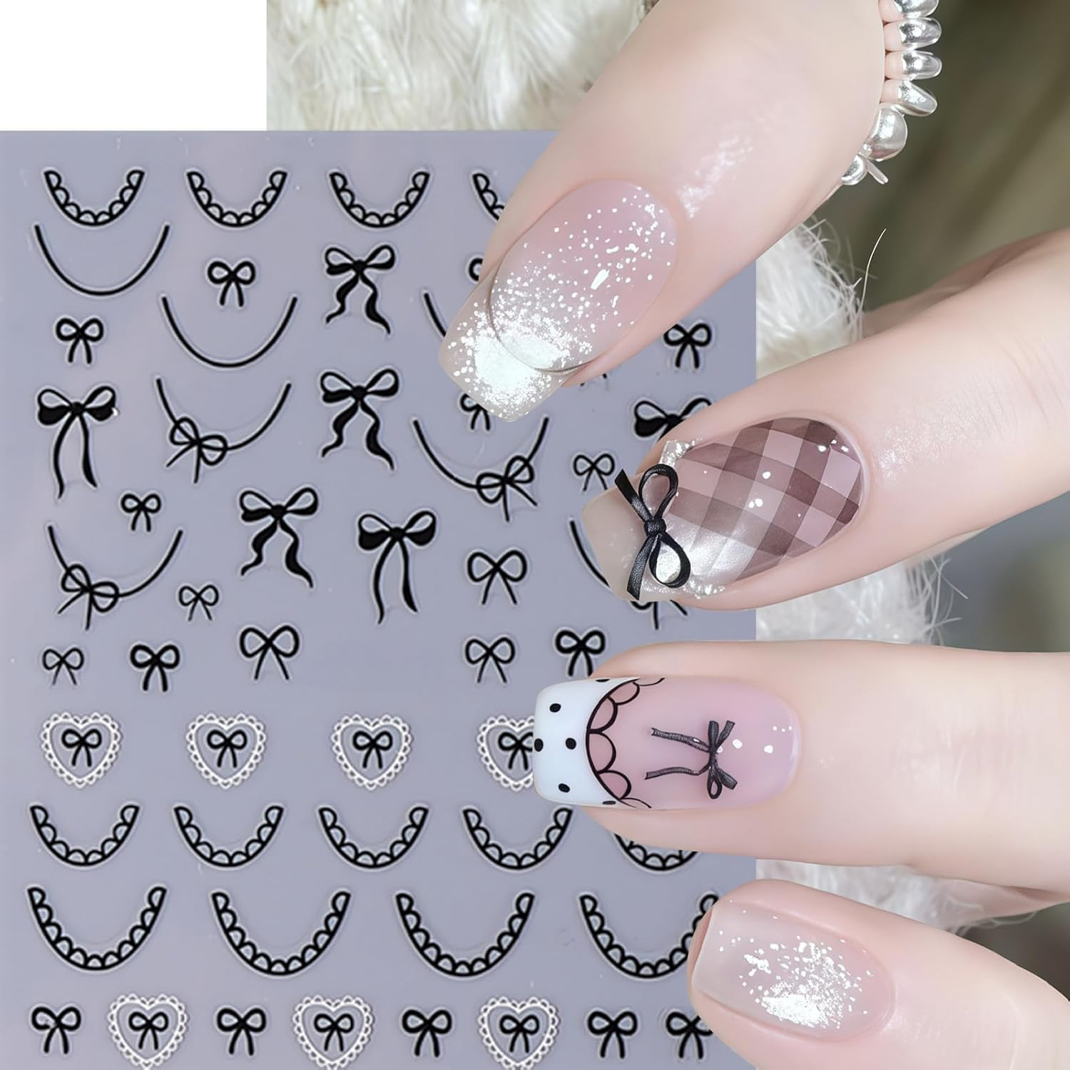 6Pcs Bow Nail Stickers Valentines Nail Decals Love-Heart Kawaii Lace Bow Tie Nai
