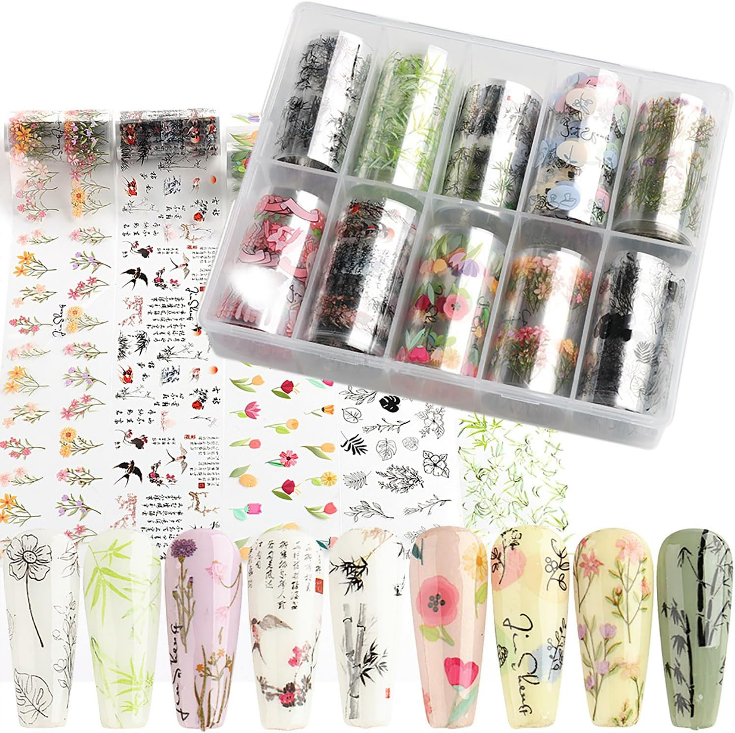 10 Rolls Flower Nail Foil Transfer Sticker Kit Bamboo Ink Painting Pattern Nail