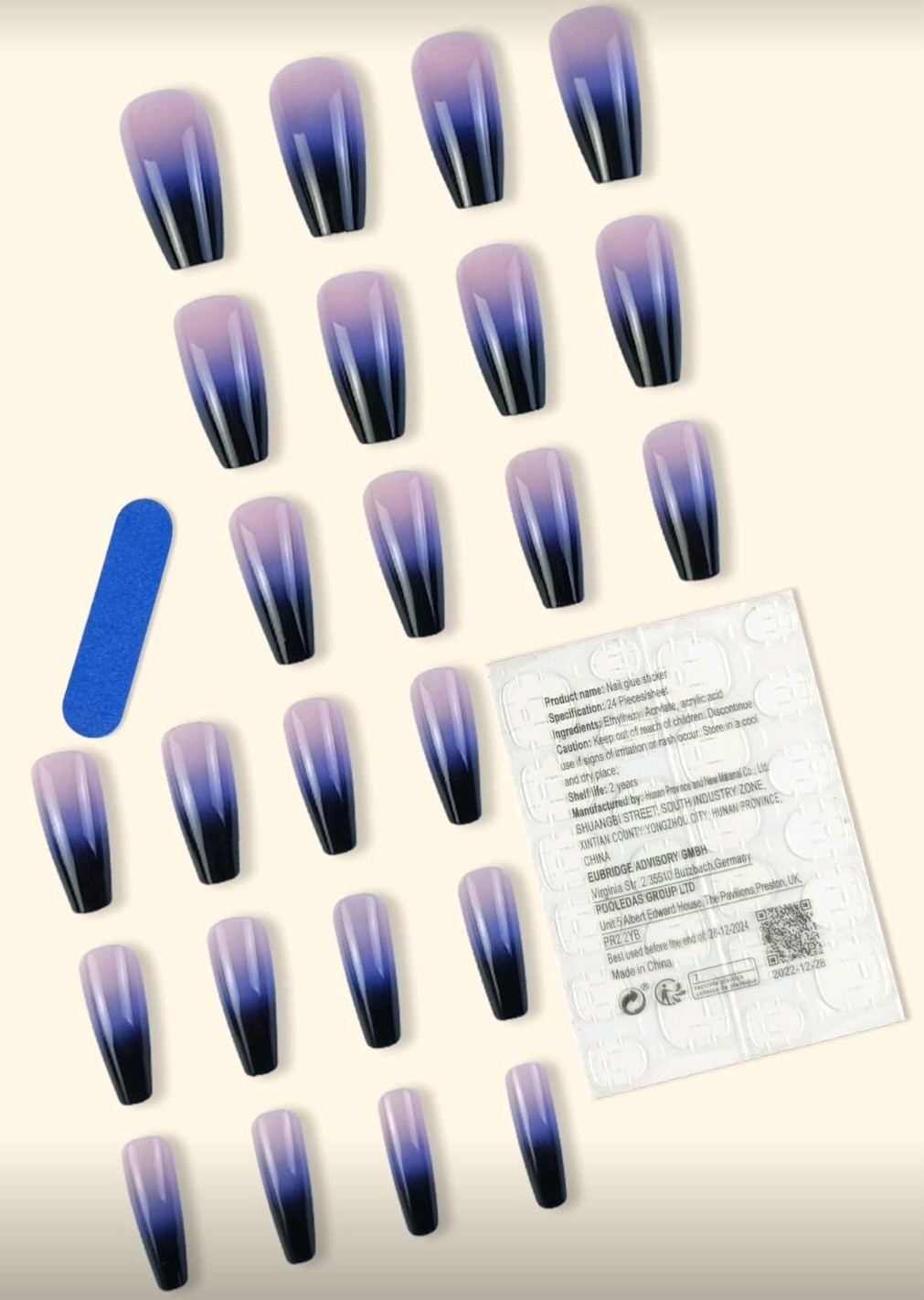 Press-On Nails Blue Gradient Tip Pink Purple Long – Coffin Shaped *Not BLACK*