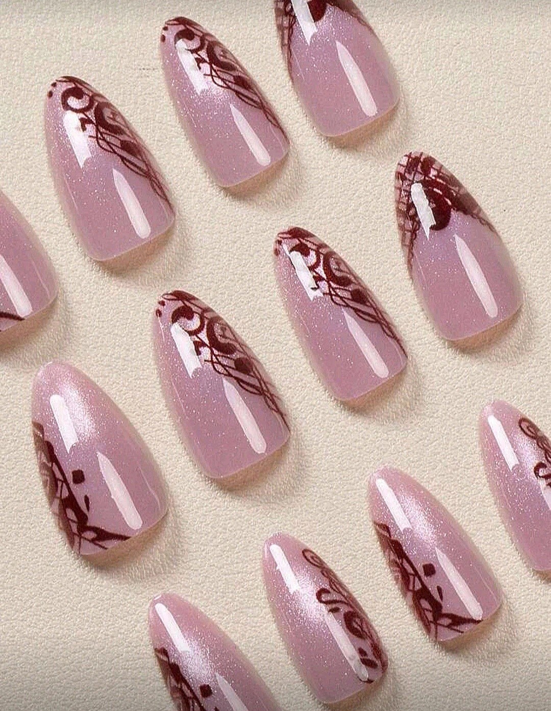 Press-On Nails Pink Glitter w/Burgundy Scrollwork Vintage Vibe Long Almond Shape