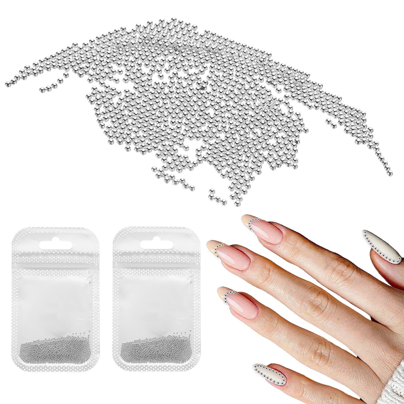 2pcs Nail Art Beads 0.04″ Mini Metal Caviar Nails Beads Ball with Bag Silver