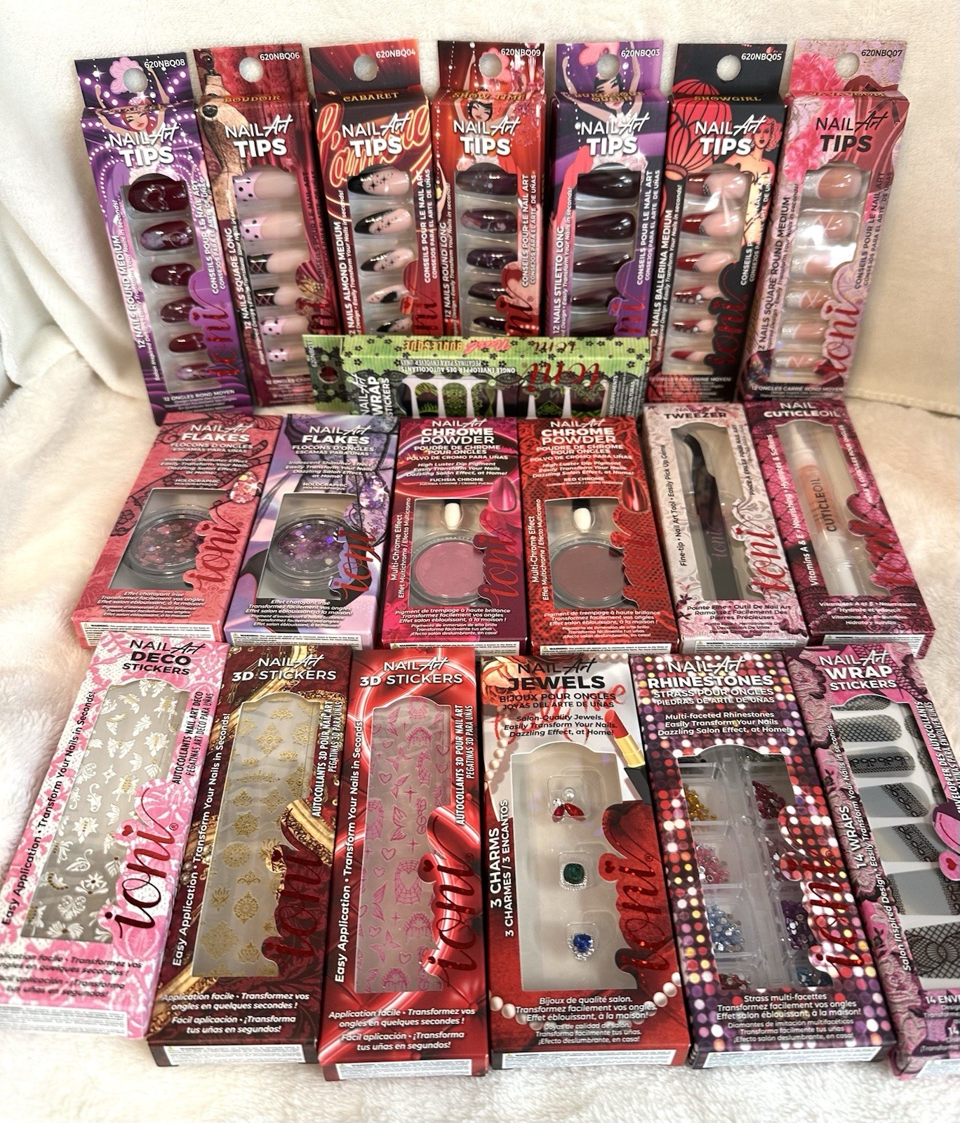 Brand New Ioni Nail Art ~Lot Of 20~Chrome Powder, Wraps,Stickers,Tips,Flakes,Oil