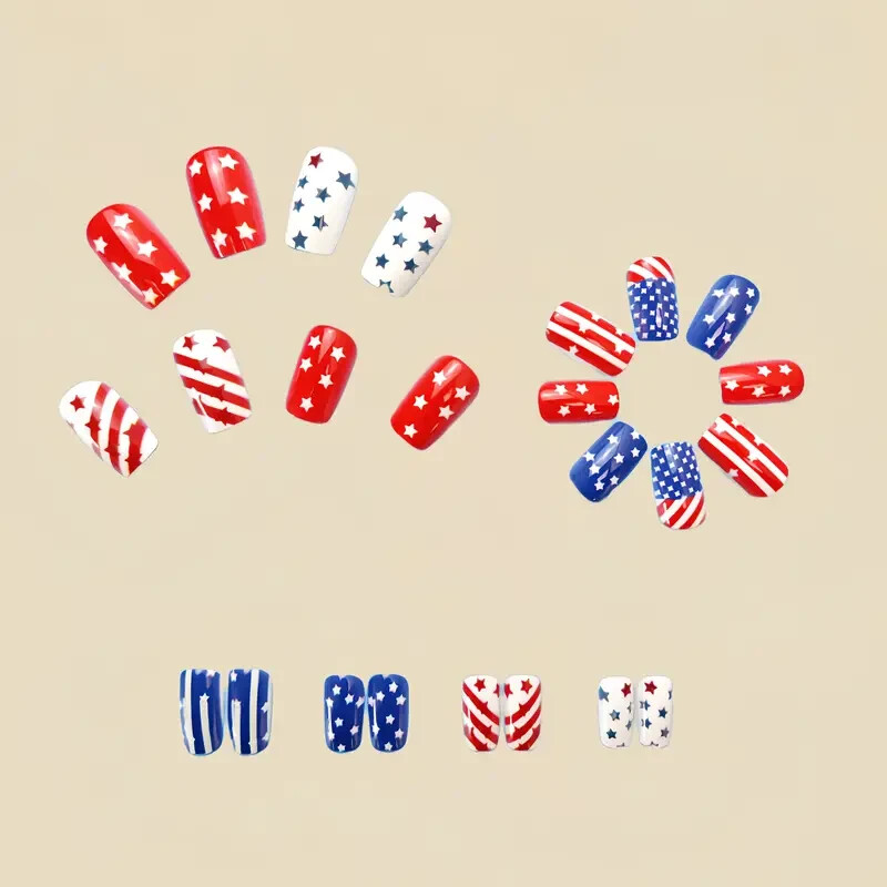 24pcs Patriotic, USA, American Flag Press-On Nails Glossy Finish, Removable