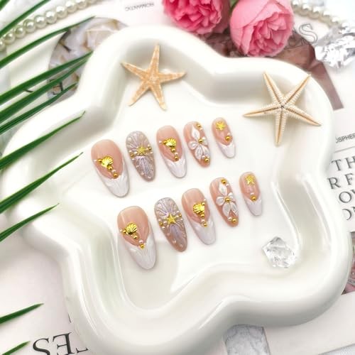 24Pcs White Flower Press on Nails Medium Almond Summer Fake flower nails-6