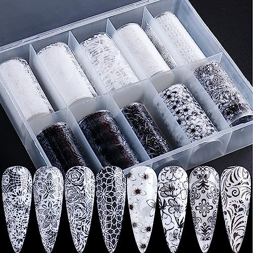 10 Rolls Lace Nail Foil for Long Acrylic Nails Black White Flower Nail