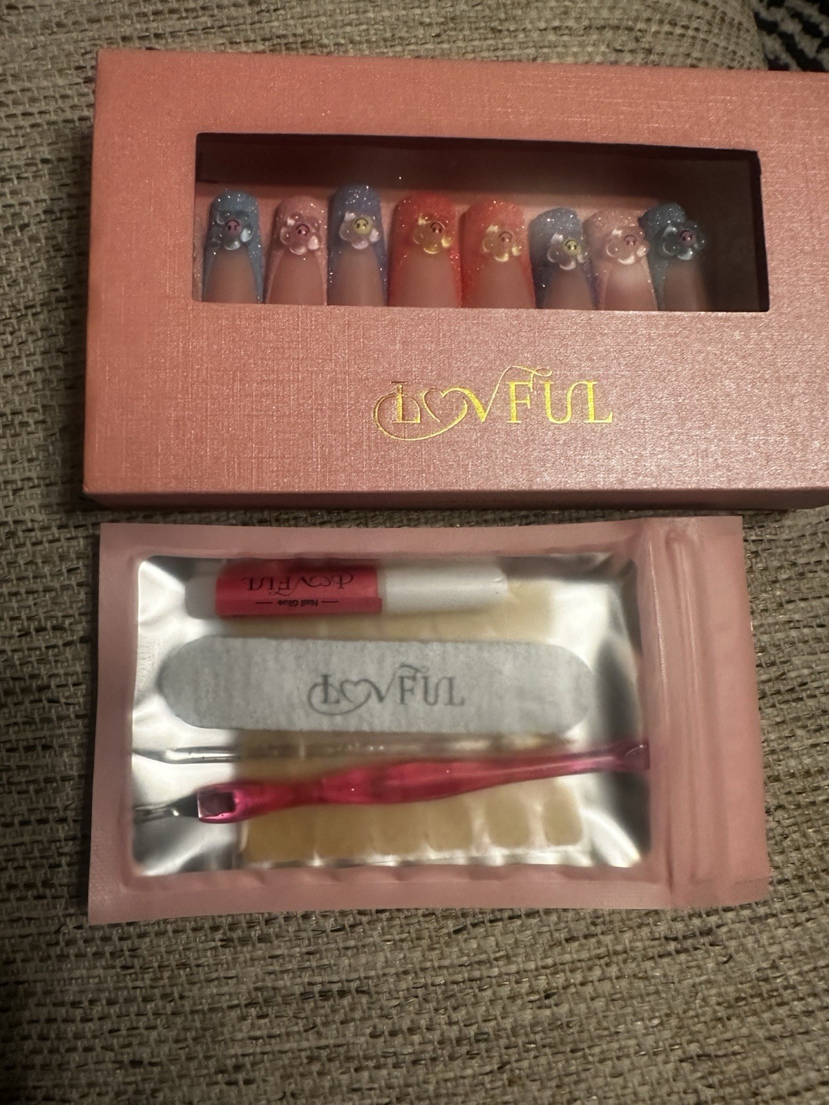 Lovful Press-On Nails Long Square Multicolor 3D Full Cover – 2 sets
