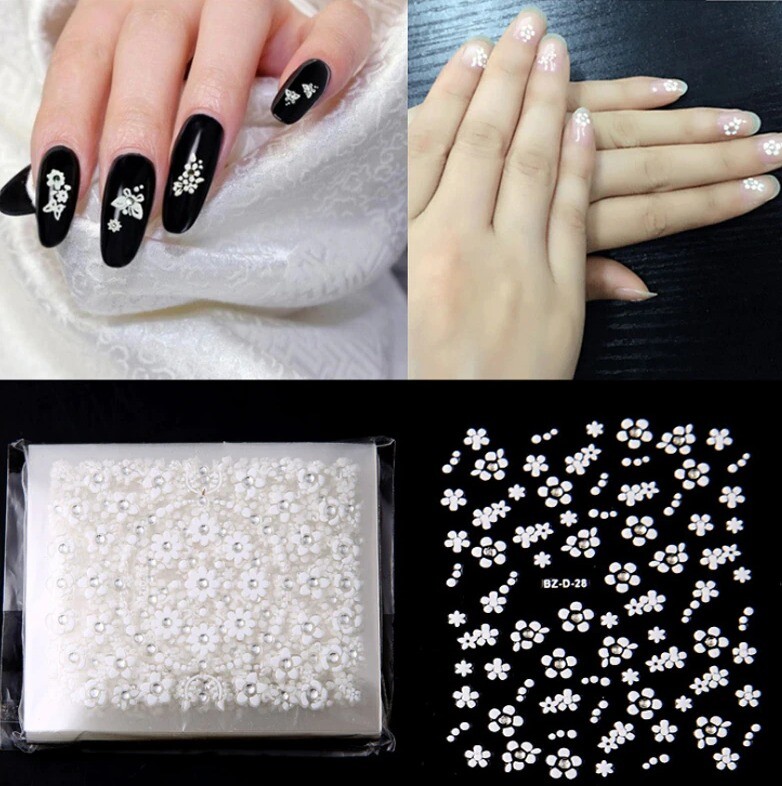 4x Sheets White Flower Diamant Effect Mix Design Decal 3D Nail Art Sticker Craft