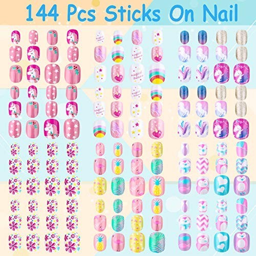 144 Pieces Press on Nails for Kids – Short Acrylic False Nail Tips (Rainbow Sky)