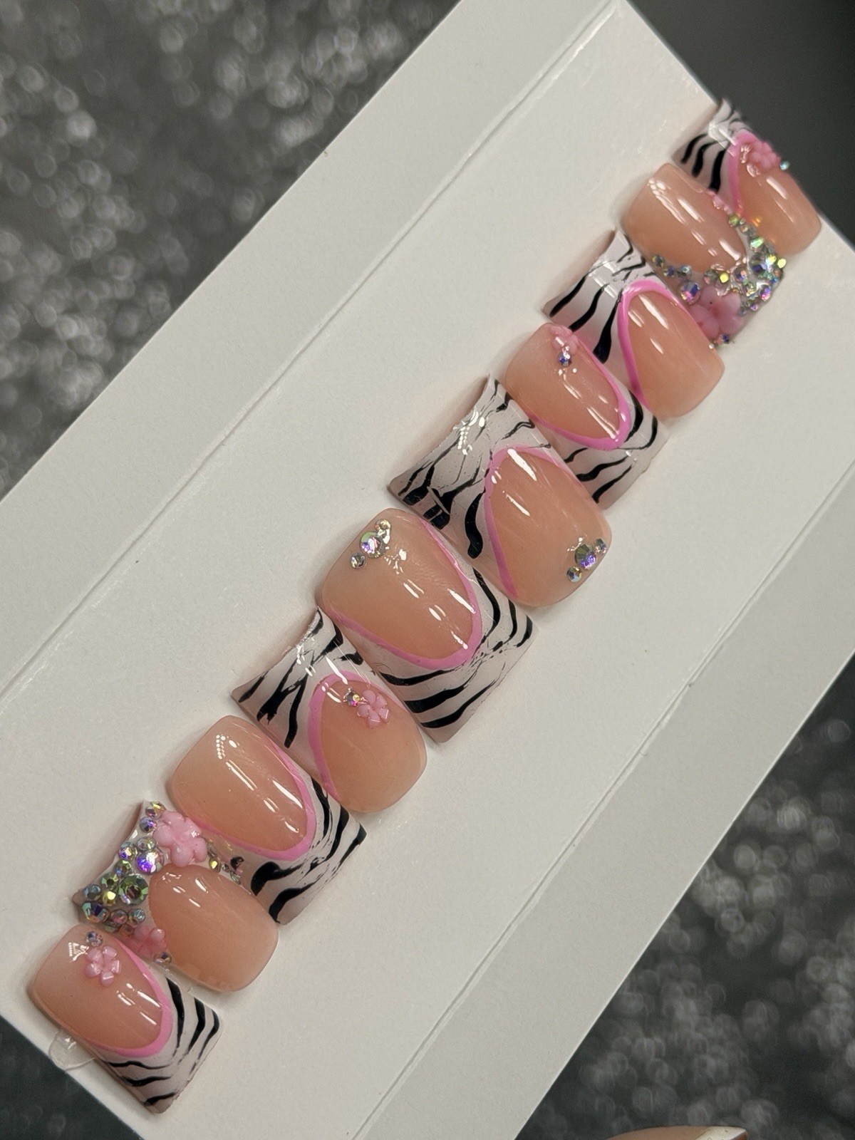 🎀 CUSTOM Hard Gel Press On False Nails French ZEBRA 10p Set SHORT DUCK W Kit