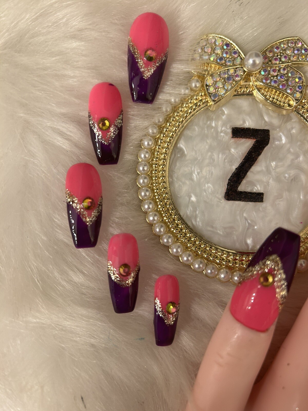 Z NAILZ! Gorgeous Set of Handmade Long Coffin Pink/Purple Press On Nails