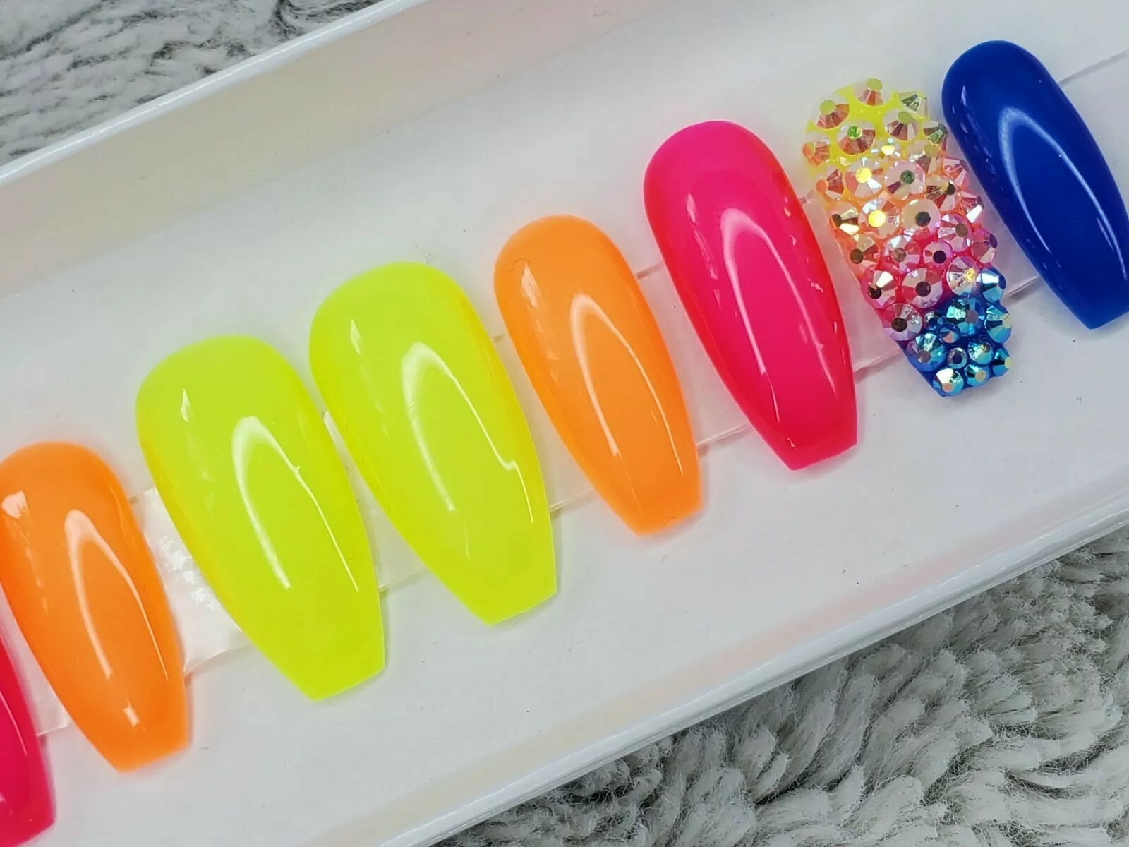 Neon Rainbow ombre bling nails w/ crystals Gel Press On jelly nails full set