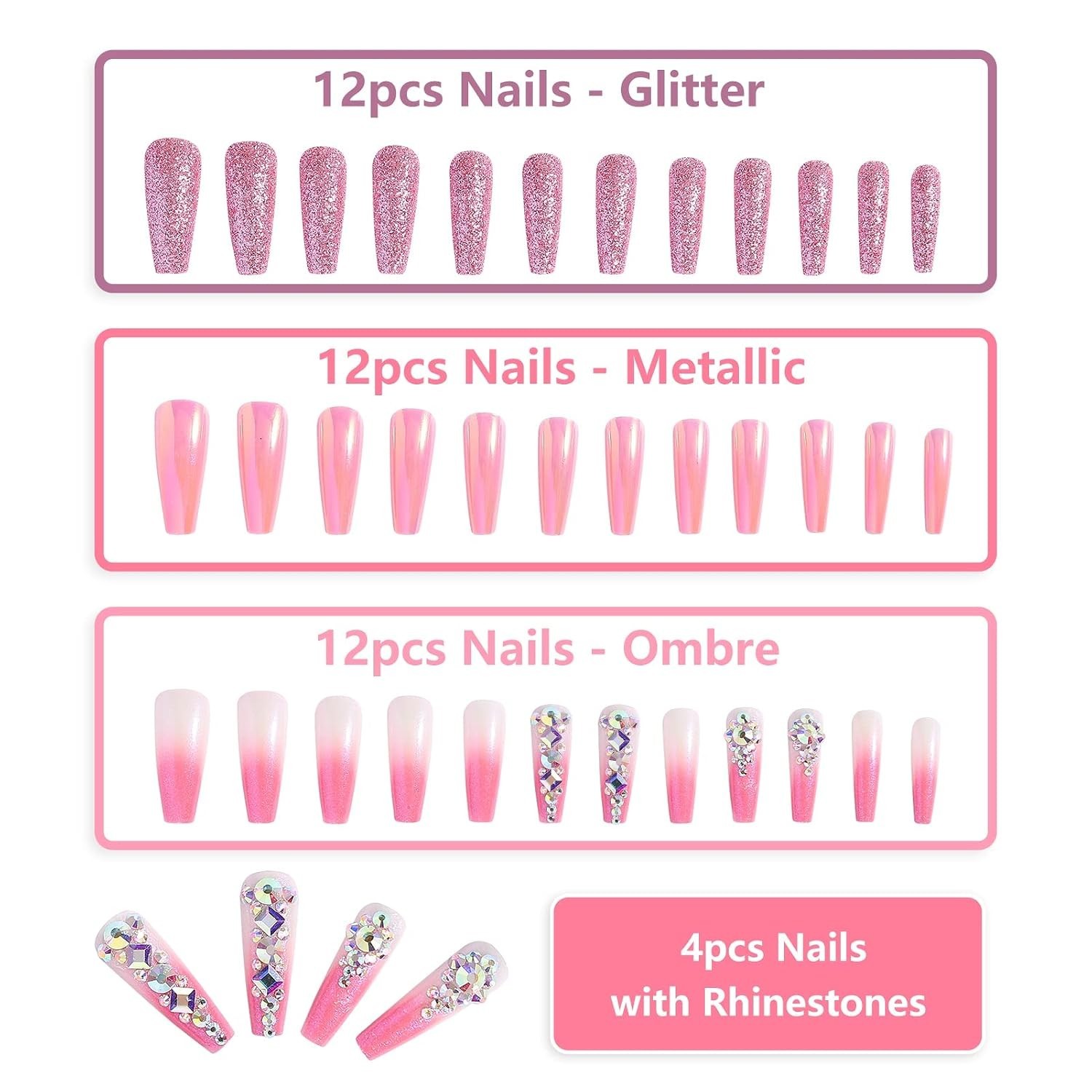 36pcs Easy to Apply Pink Ombre Press-On Nails with 3D Gems – Perfect for Parties
