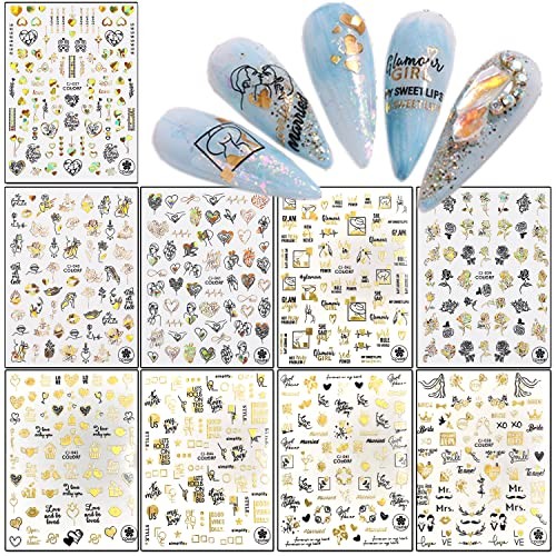 Gold Flowers Nail Art Stickers, Holographic Rose Floral Leaf Love Gold Floral