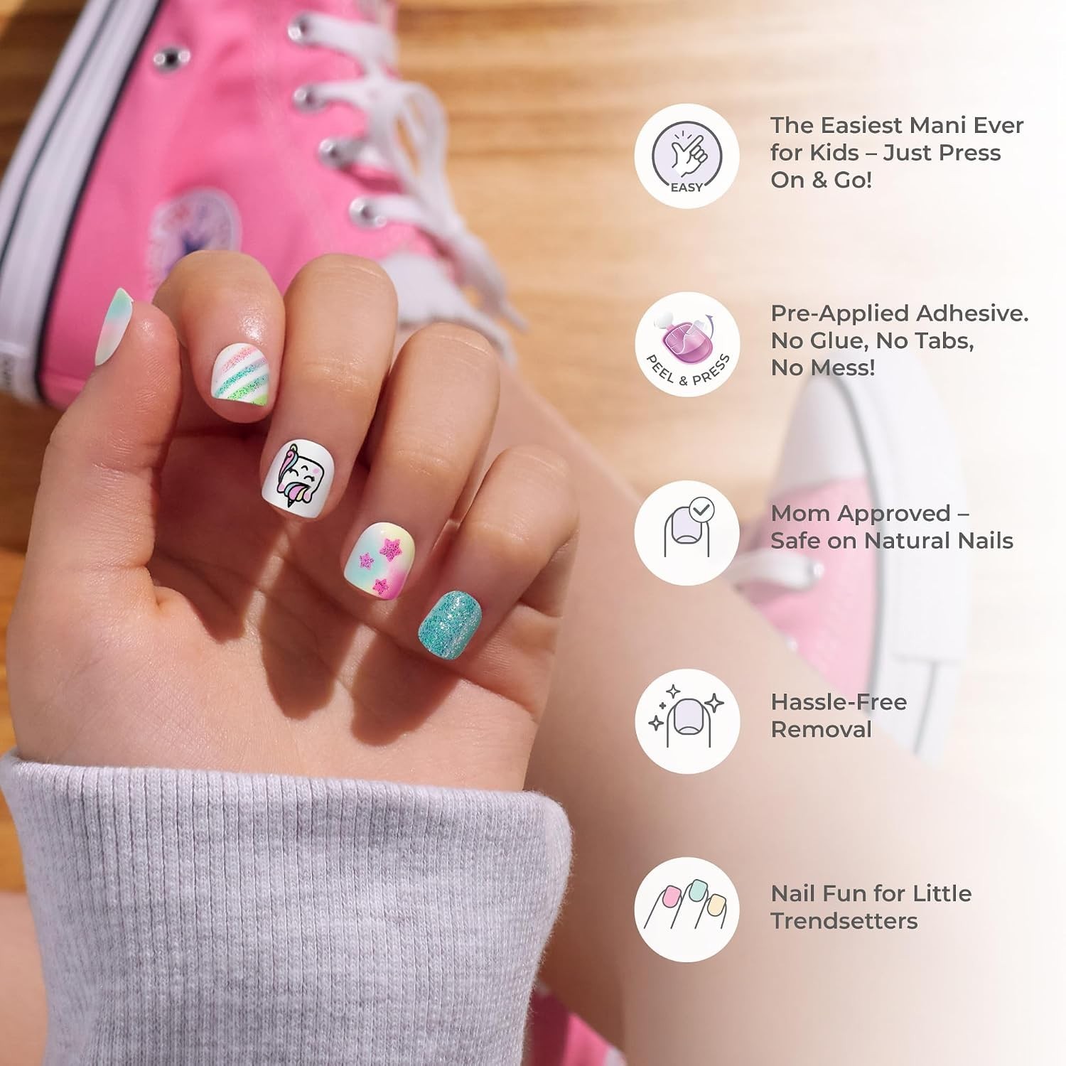 No Glue Mani Press On Nails, Mini, ‘Berry Cute’, Pink, Kids Size, Squoval Sha…