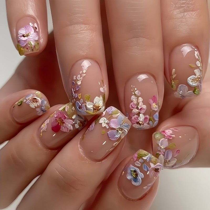48Pcs-Clear Base Fake Nails Medium Square Vintage Watercolor Flower Daily Decor